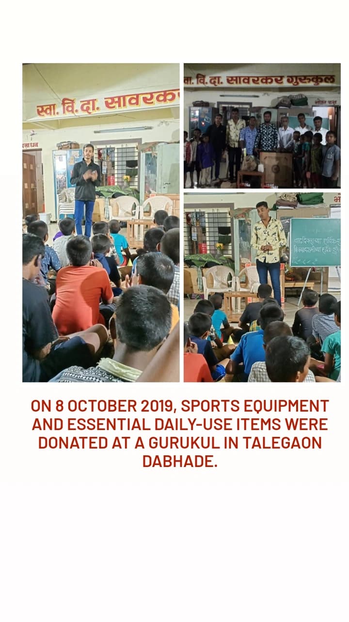 Sports equipment donated at Gurukul Talegaon Dabhade — October 2019